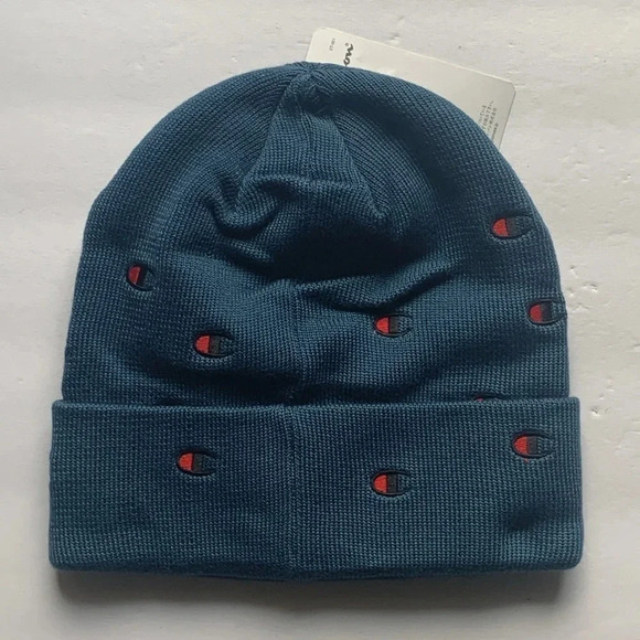Champion Beanie Knit Hat Script Logo Blue Cuffed New - Picture 2 of 5